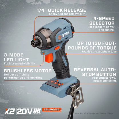 SENIX 20 Volt Max* 2-Piece Cordless Brushless Combo Kit, 1/2-Inch Hammer Drill Driver & 1/4-Inch Impact Driver (2 x Batteries, 1 x Charger and Soft Bag Included) S2K2B2-02