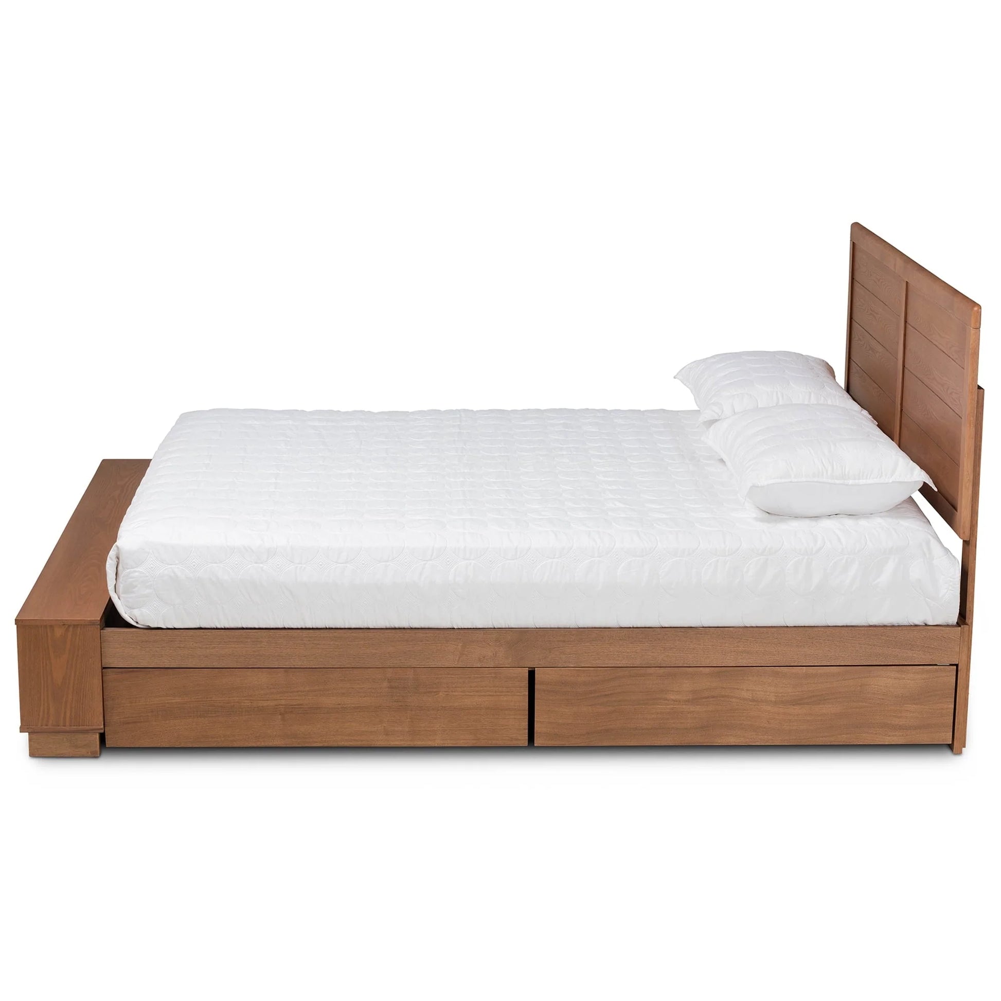 Baxton Studio Alba Modern Transitional Ash Walnut Brown Finished Wood Queen Size 4-Drawer Platform Storage Bed with Built-In Shelves