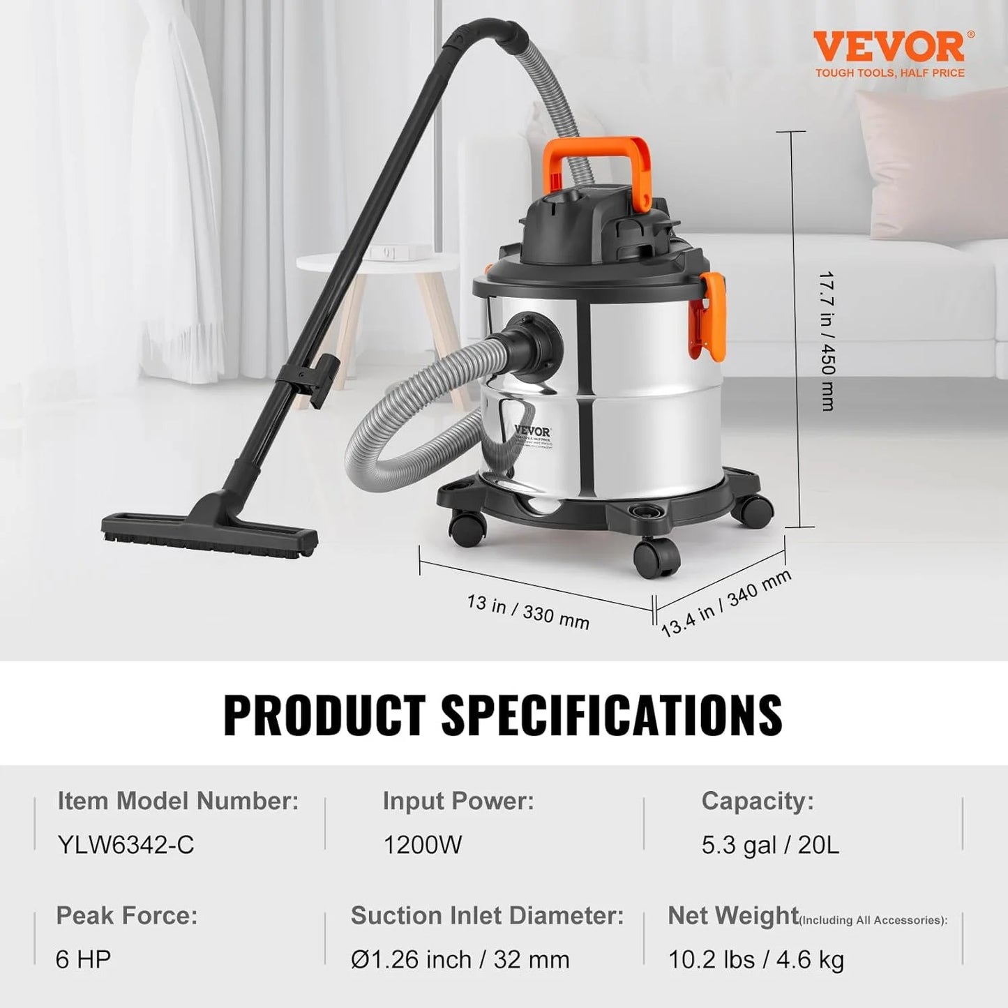 Stainless Steel Wet Dry Shop Vacuum, 5.5 Gallon 6 Peak HP Wet/Dry Vac, Powerful Suction with Blower Function w/Attachment 2-in-1 Crevice Nozzle, Small Vac Perfect for Carpet Debris, Pet Hair