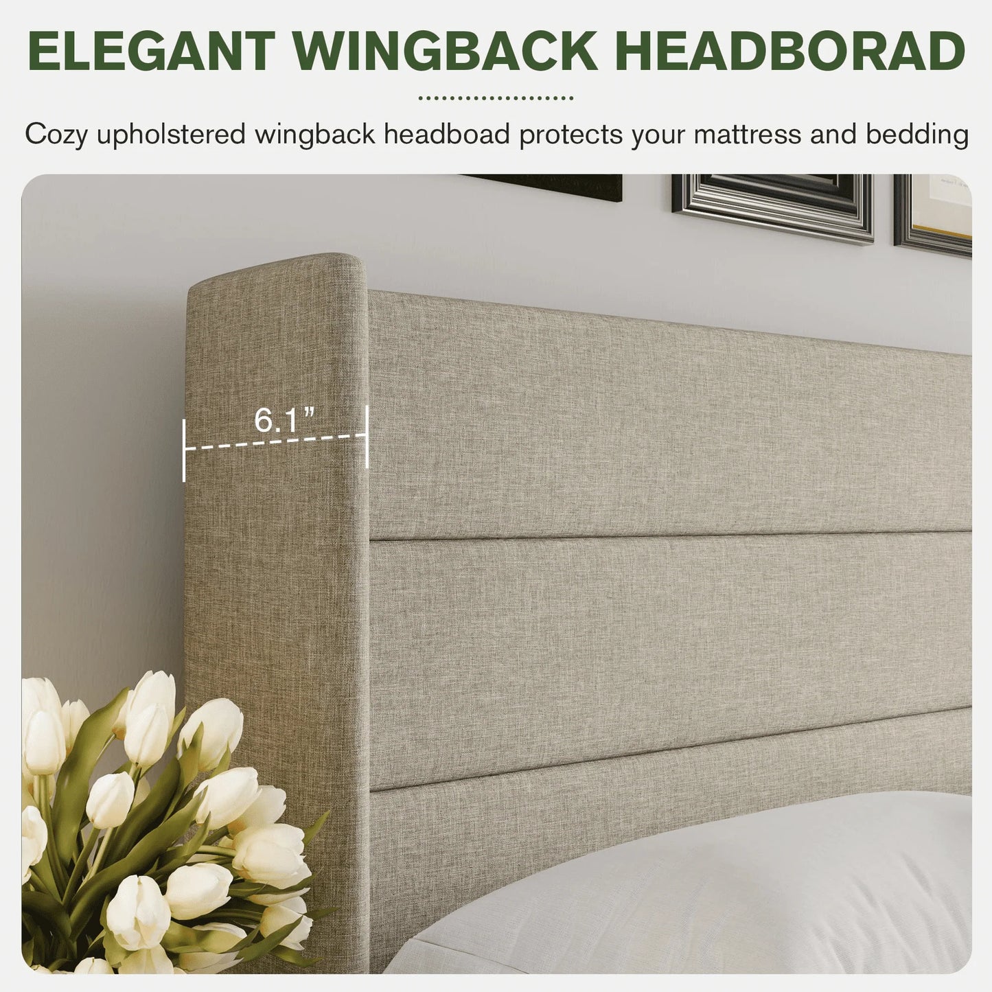 Einfach King Size Lift up Storage Bed with Wingbacks and Horizontal Channel Headboard, Beige