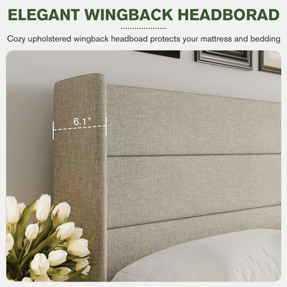 Einfach King Size Lift up Storage Bed with Wingbacks and Horizontal Channel Headboard, Beige