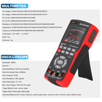 Oscilloscope Multimeter Handheld LCD Digital Multimeter & Oscillometer 2-in-1 Universal Meter Scope Meter 9999 Counts 10MHz 48MSa/s Single Channel Measuring AC/DC Voltage & Current Resistance