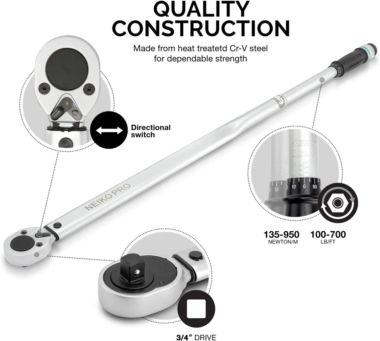 Neiko PRO 03710B 3/4-Inch-Drive Adjustable SAE Torque Wrench with Torque Click Settings of 100?C700 Foot-Pound, Made with CrV Steel, 48-Inch Length