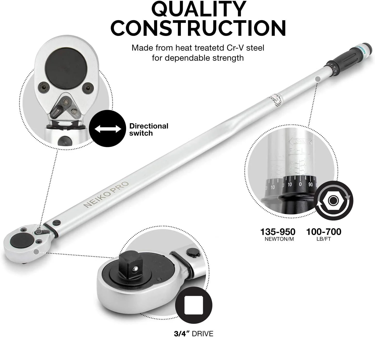 Neiko PRO 03710B 3/4-Inch-Drive Adjustable SAE Torque Wrench with Torque Click Settings of 100?C700 Foot-Pound, Made with CrV Steel, 48-Inch Length