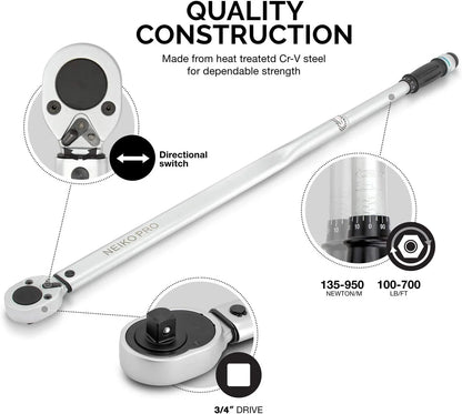 Neiko PRO 03710B 3/4-Inch-Drive Adjustable SAE Torque Wrench with Torque Click Settings of 100?C700 Foot-Pound, Made with CrV Steel, 48-Inch Length