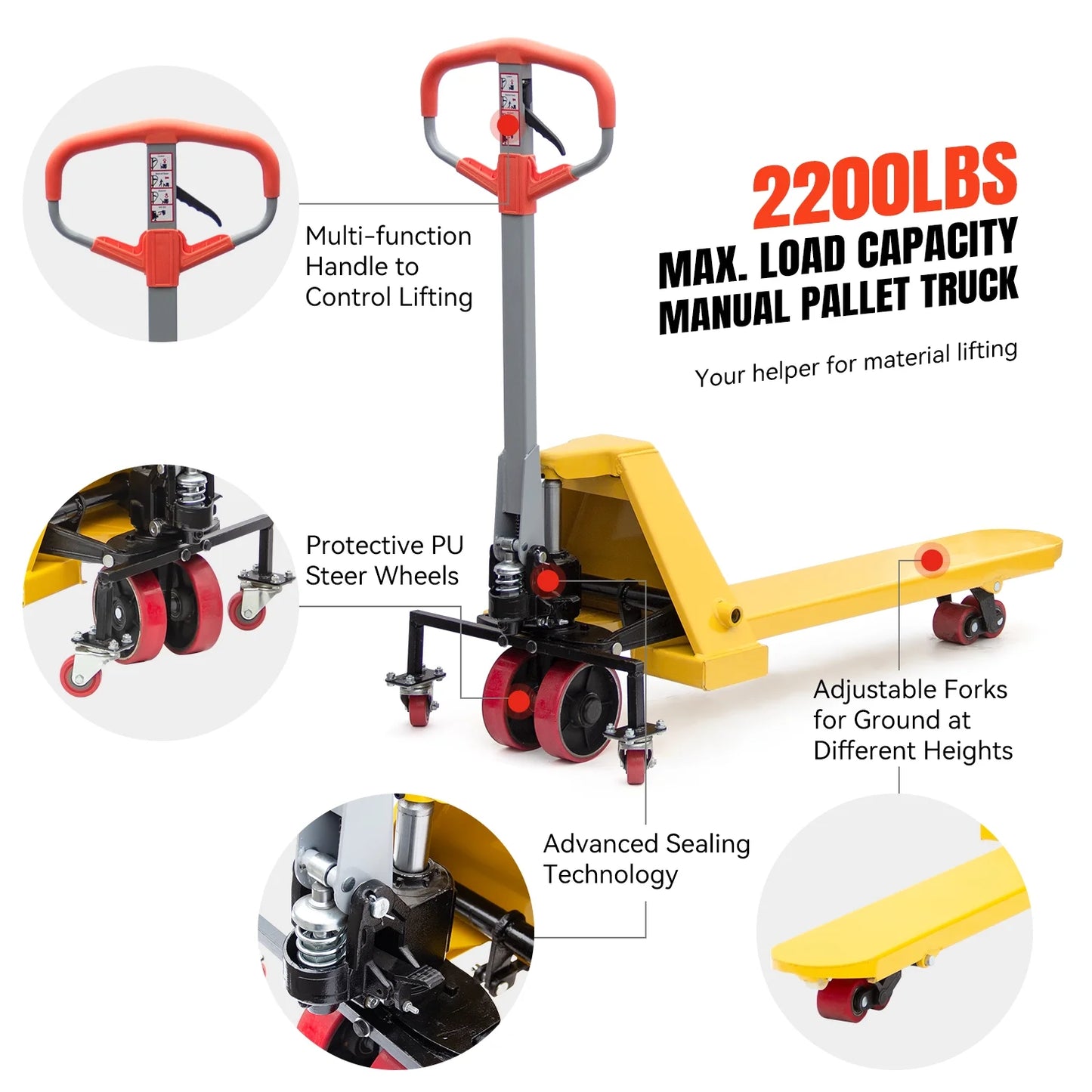 HPDMC Pallet Jack Truck 2,200 LBS Capacity 48'' L x 8'' W Single Fork Manual Pallet Jack Truck