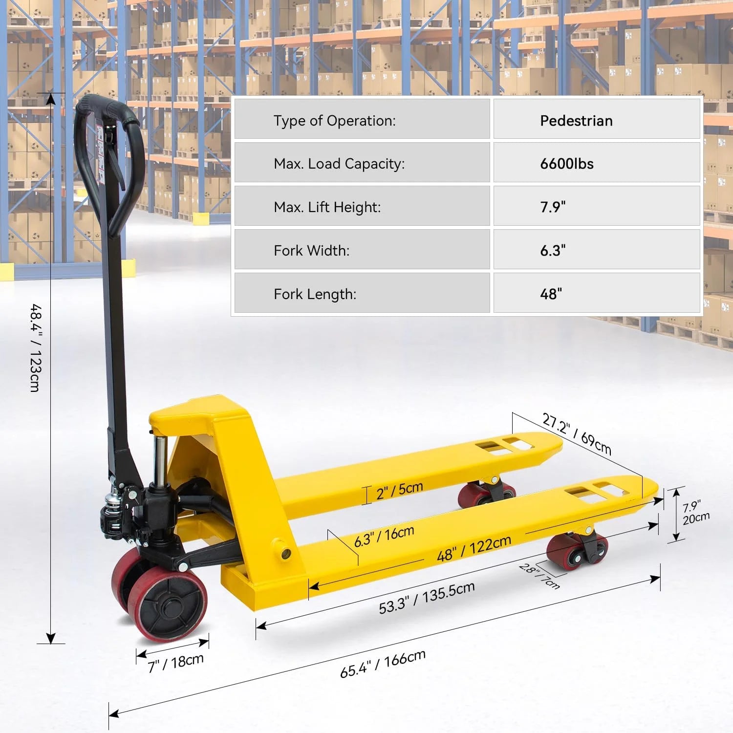 HPDAVV Pallet Jack Truck 4,400 LBS Capacity, 48''x 21' Forks Manual Pallet Jack Truck, Suit for Warehouse, Workshop, Dock, Factory