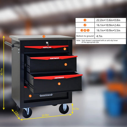 JXXRZ 4-Drawer Rolling Tool Cart with Wheels, Stainless Steel Top & Lock for Garage Workshop, Black& Red