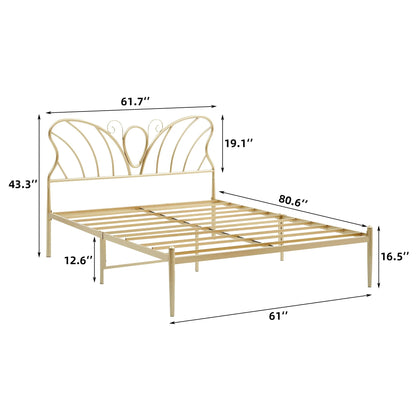Gold Platform Queen Size Bed Frame with Headboard and Footboard, 12.6 Inches Metal Mattressfor Storage, No Box Spring Needed, Easy Assembly, Modern Design (Butterfly)