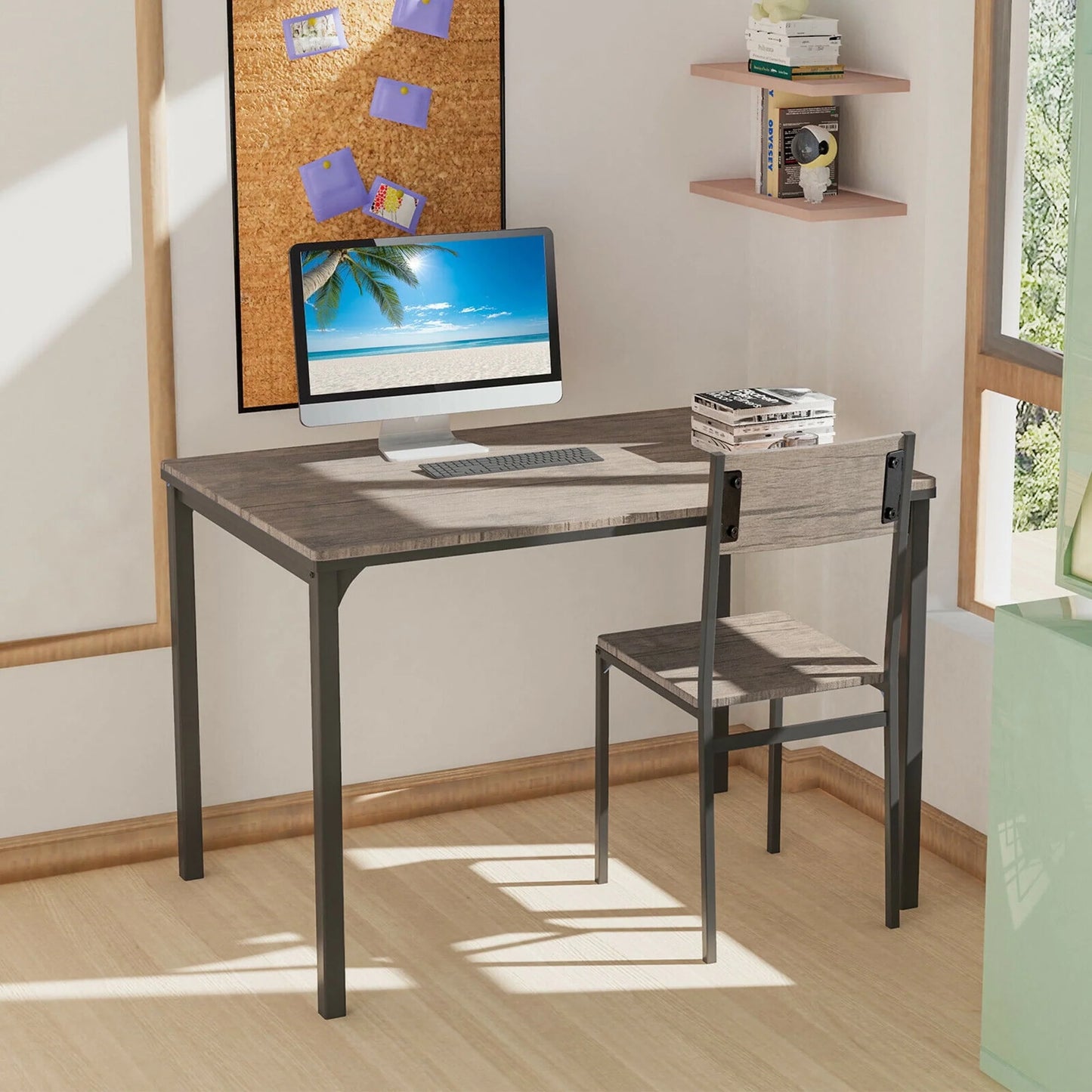 Gymax 4pcs Dining Table Set Rustic Desk 2 Chairs & Bench w/Storage Rack Grey