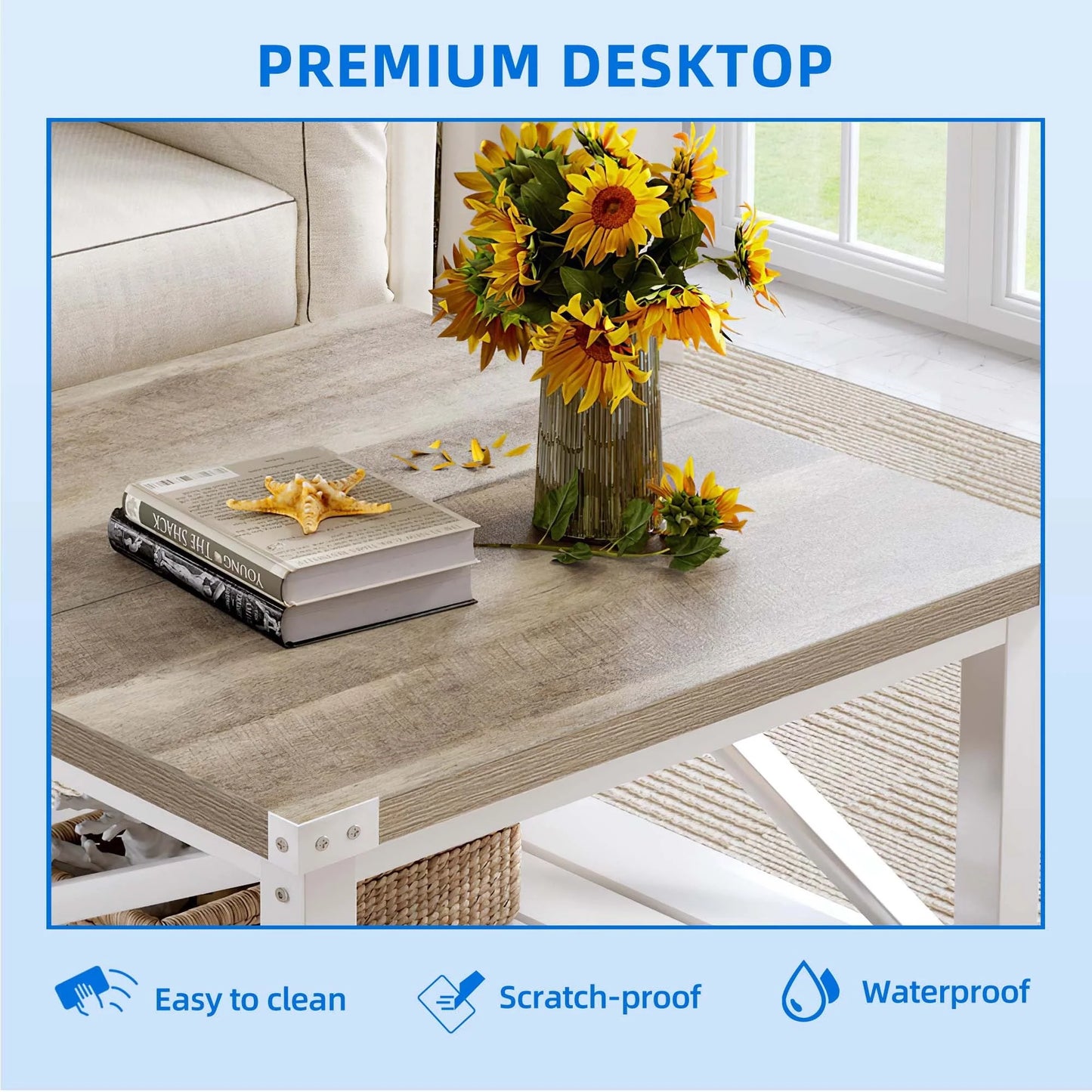 Dextrus Farmhouse Coffee Table Square Wood Center Table End Table with Open Storage Shelf for Living Room, Gray Wash