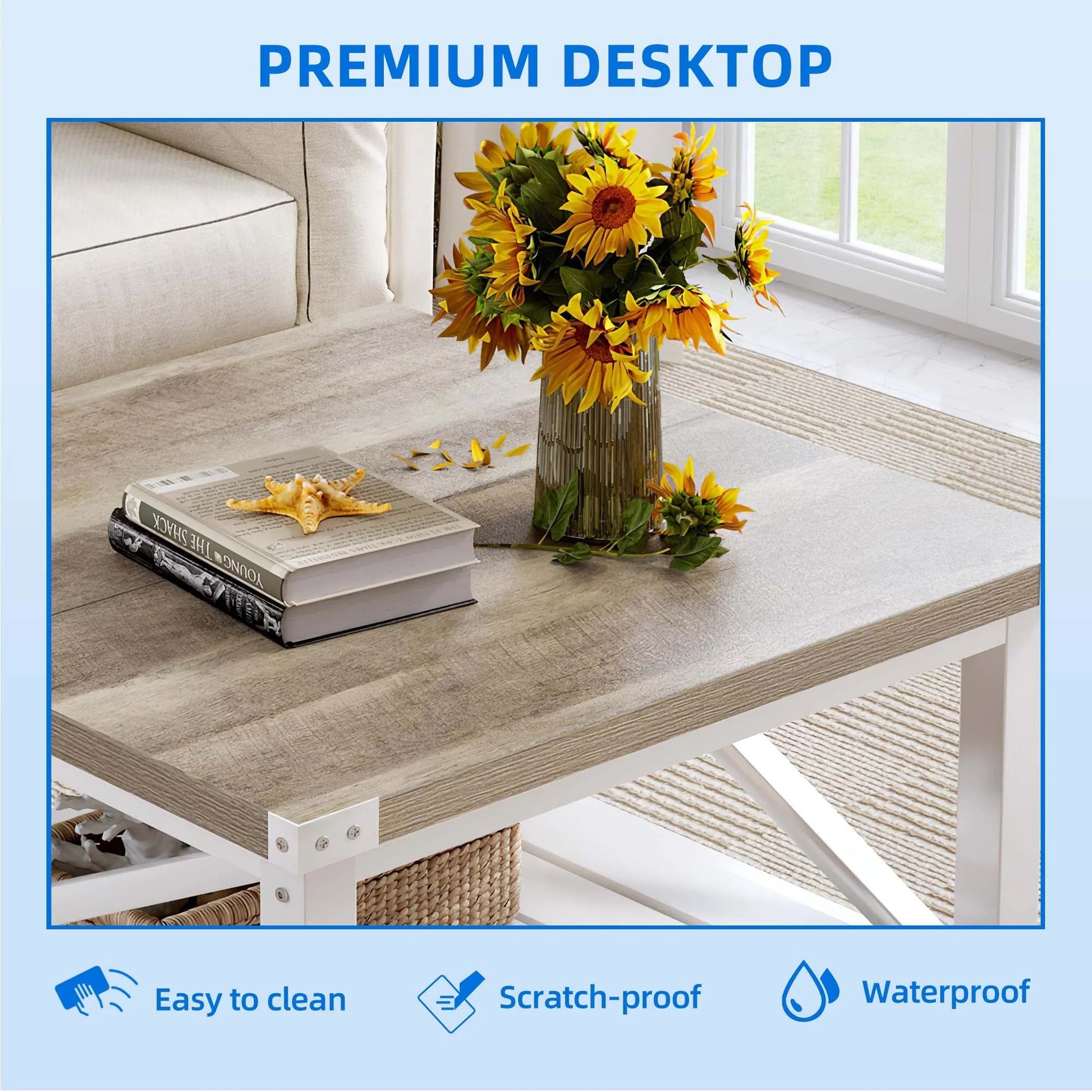 Dextrus Farmhouse Coffee Table Square Wood Center Table End Table with Open Storage Shelf for Living Room, Gray Wash