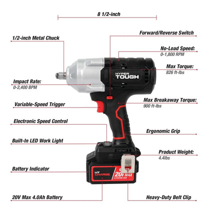 Hyper Tough 20V Max Brushless 1/2-inch High-Torque Cordless Impact Wrench with 4.0Ah Lithium-Ion Battery and Charger