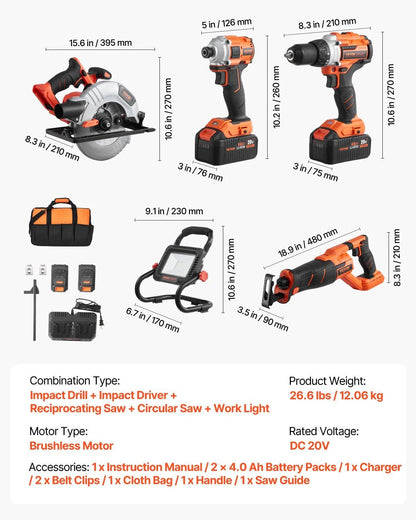PORTER-CABLE 20V Cordless Brushless 5-Tool Combo Kit with (2) Batteries, Charger & Contractor Bag