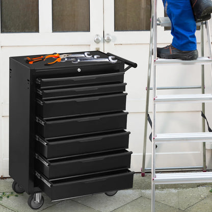 7-Drawer Rolling Tool Chest Cabinet, Large Capacity Metal Tool Box with Wheels and Cylinder Locking, Roll Around Storage Organizer Tool Cart for Garage, Warehouse, Work Shop - Black
