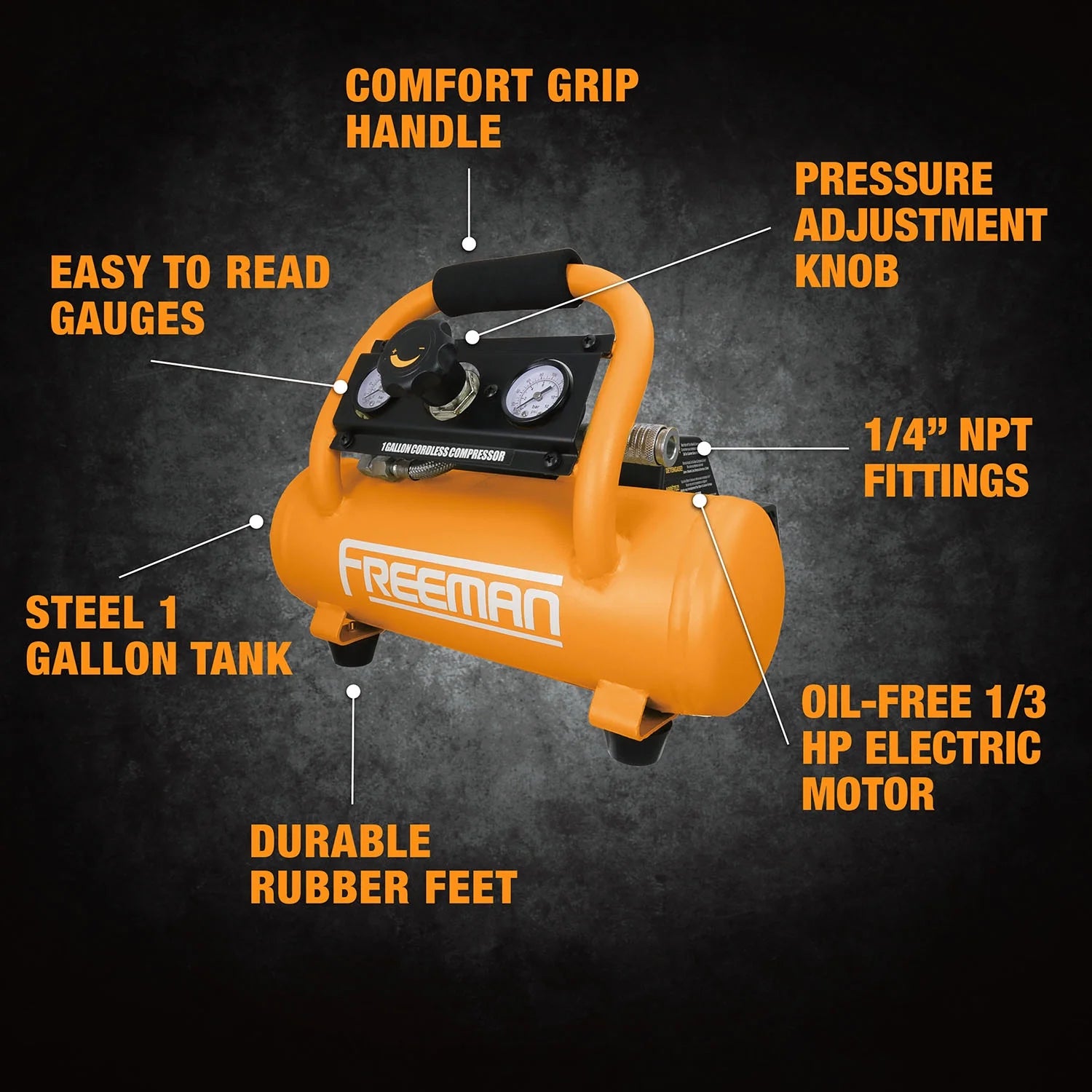 Freeman PE1GCCK 20V Cordless 1 Gal. Air Compressor with 3-in-1 Pneumatic Finish Nailer/Stapler, Battery, Charger, Air Hose, Inflation Accessory Kit and Fasteners (600 Count) - 700 Shots per Charge