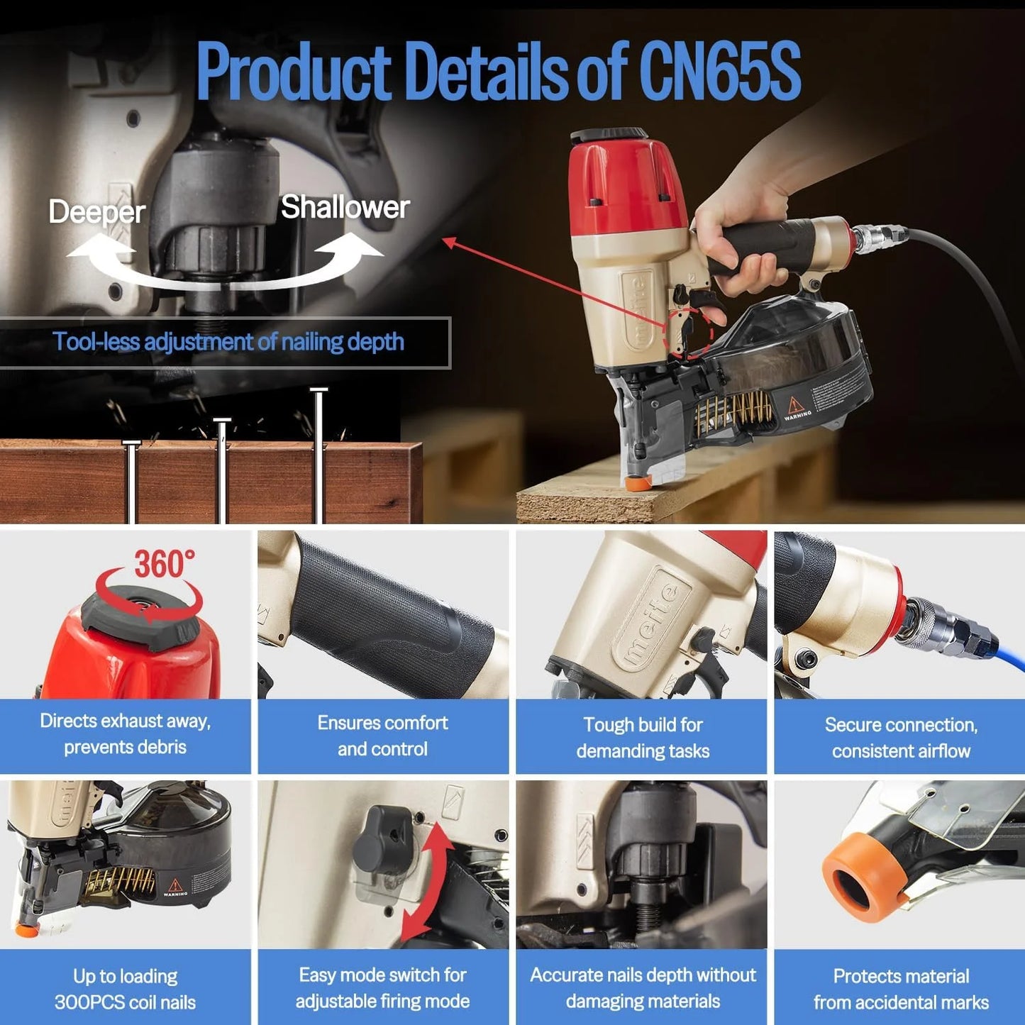 MEITE CN65S Pneumatic Coil Siding Nailer with Safety Nose, 15-16 Degrees 1-1/2" to 2-1/2"Coil Nail Gun Lightweight