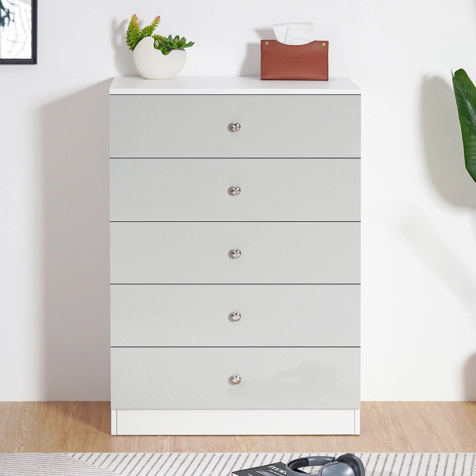 Hommpa 5 Drawers White Grey Dresser For Bedroom, 39.4" Tall Wood Chest of Drawers High Gloss Storage Cabinet with Metal Handles Modern Large Capacity Organizer