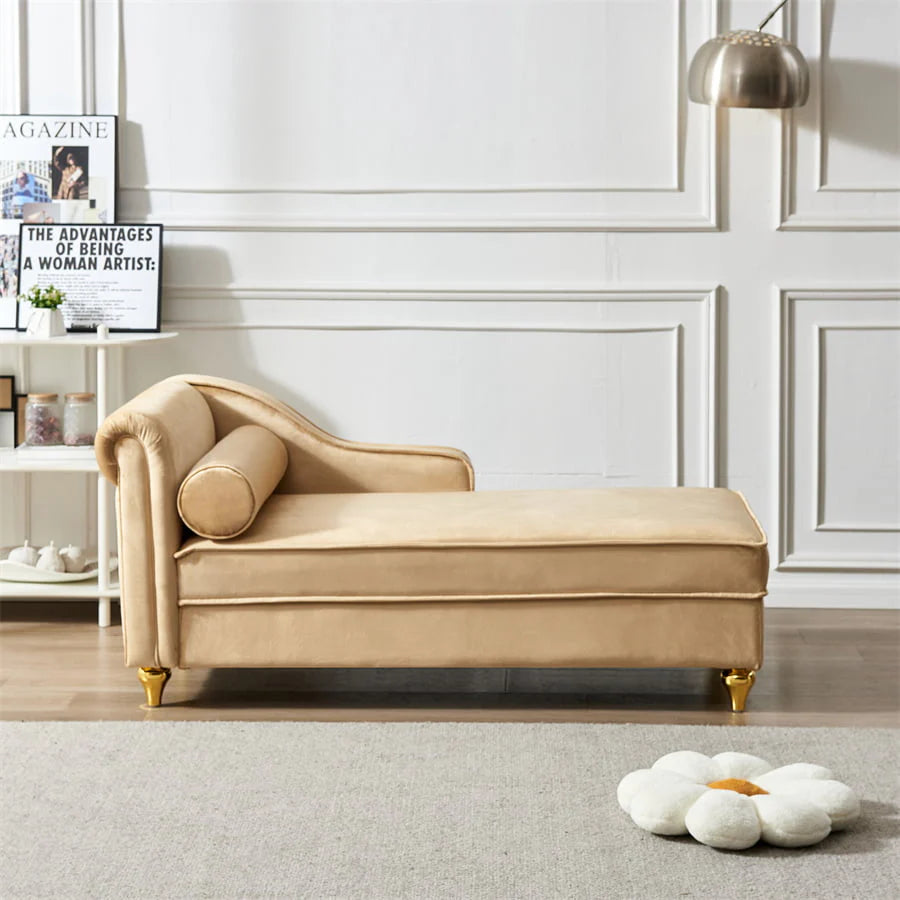 Functional Indoor Chaise Lounge with Large Storage, Modern Velvet Upholstered Sofa Recliner with One Backrest and Armrest, Sofa Lounge Chair with Sturdy Metal Legs Suitable for Living Room, Bedroom