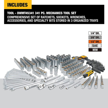 DEWALT Mechanics Tool Set, 1/4", 3/8", 1/2" Drive Tools and Combo Wrenches, 341 Piece (DWMT45341)