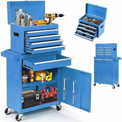 5-Drawer Rolling Tool Chest - 2-in-1 Lockable Tool Box with Wheels, Sliding Drawers & Detachable Top - Garage & Workshop Storage Cabinet, Green