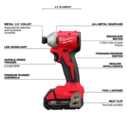 Milwaukee 3650 18V Impact Driver 1/4 in Hex Drive Battery Included 1700 in-lb, 3600 RPM, 2 Piece