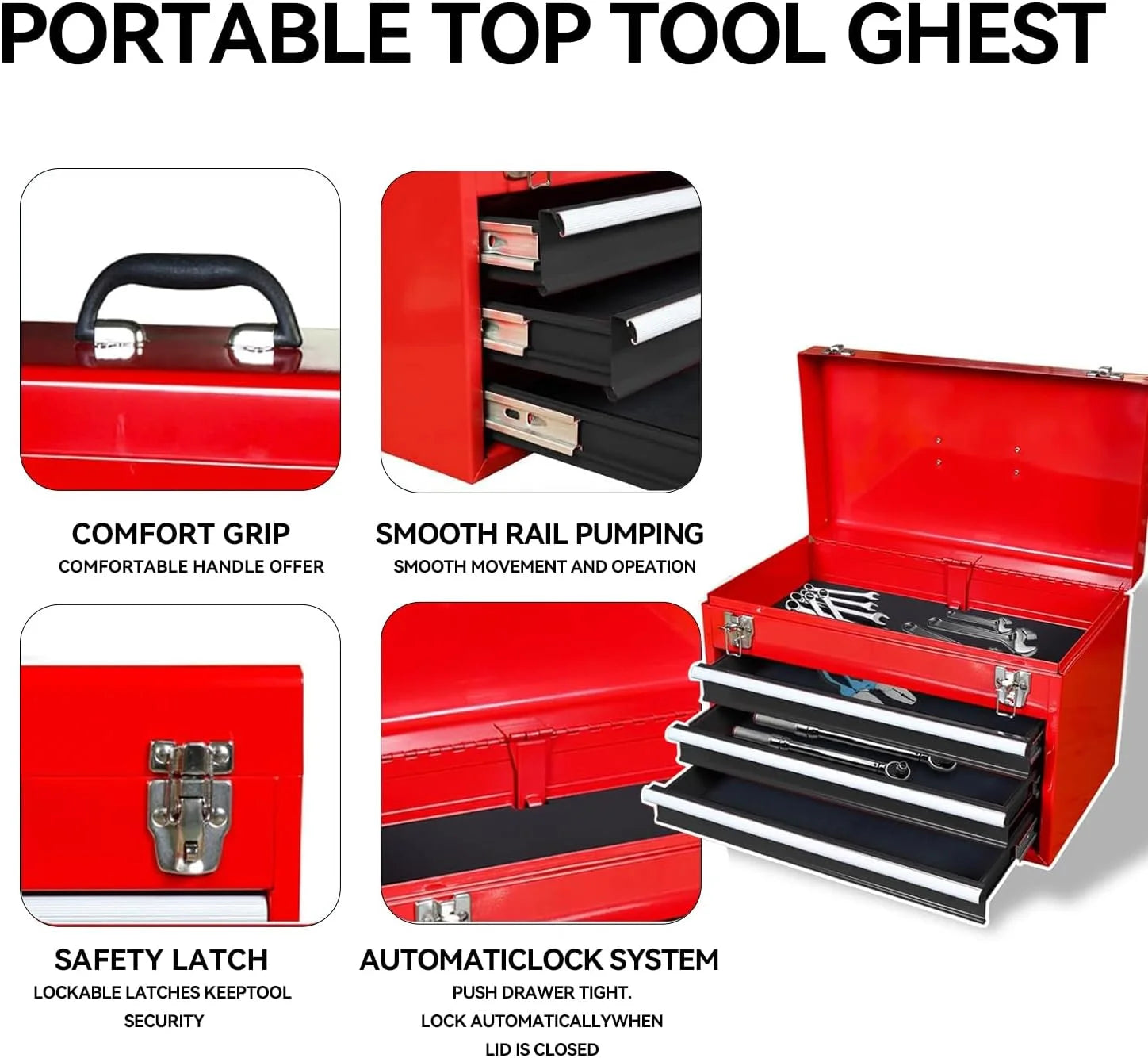 HPDAVV Detachable 3 Drawer Tool Chest Large Storage Cabinet and Adjustable Shelf Red