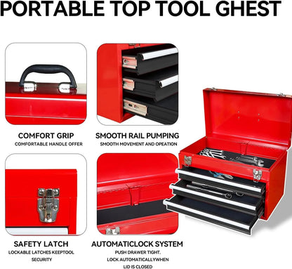 HPDAVV Detachable 3 Drawer Tool Chest Large Storage Cabinet and Adjustable Shelf Red