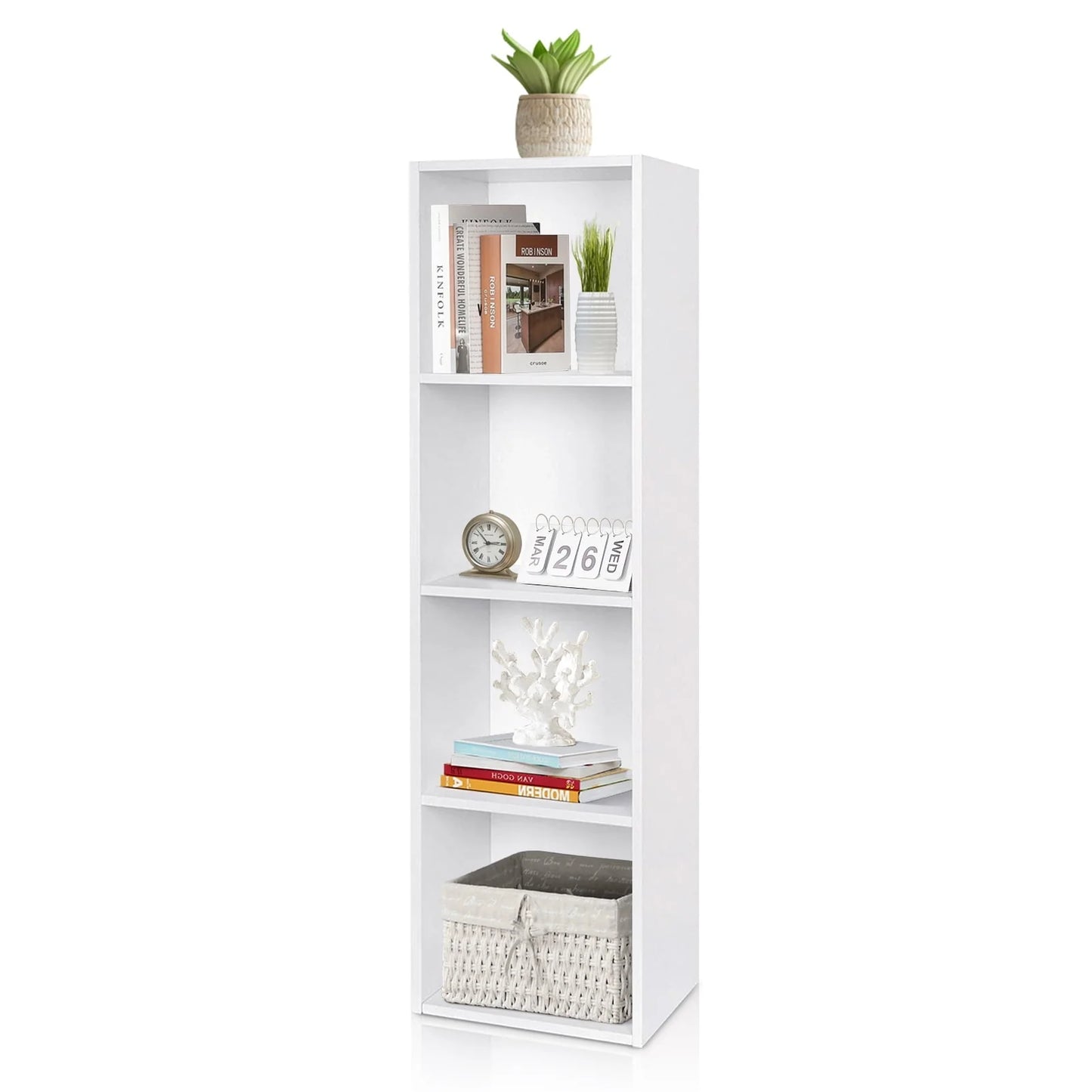 Wooden Bookcase, 4 Shelf Narrow Bookcase Stand Cube Storage Unit Bookshelf CD Display Shelving Unit combination, Pure White