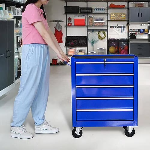 Rolling Garage Workshop Tool Organizer 5 Drawer Tool Chest, Tool Storage Cabinet for Garage Storage with 4 Wheels and Locking System, Blue