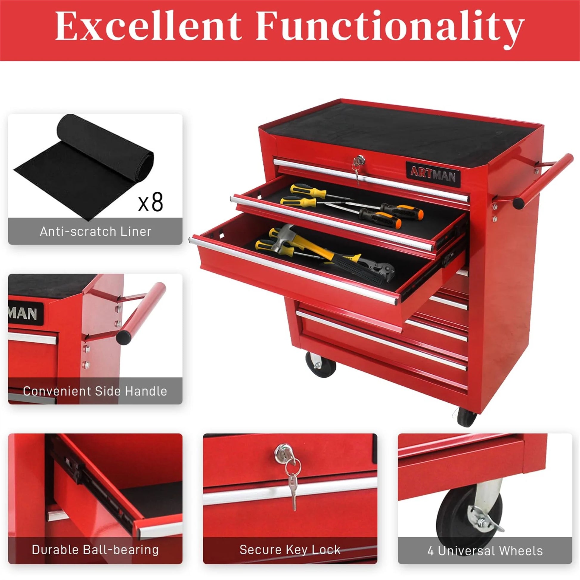 Aukfa Tool Chest, 24.5 in 7-Drawer Steel Rolling Tool Box on Wheels for Workshop Garage, Red