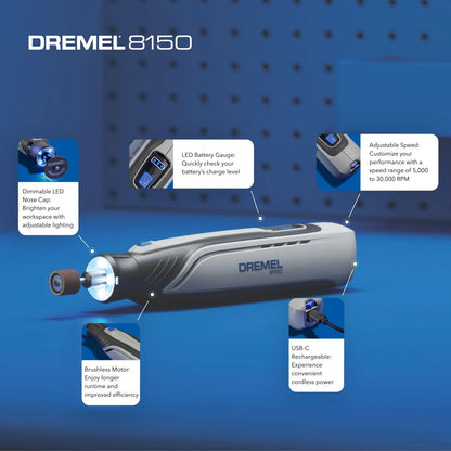 Dremel 8150-N/20 8V-Cordless Variable Speed Rotary Tool, Integrated 2Ah Battery, LED Nose Cap Light, 20 Accessories