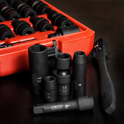 NEIKO 02471A Impact Socket Set, 3/8? Drive, 67 Piece, Metric and Standard Master Socket Set with Shallow & Deep Sockets, Ratchet, Swivel Sockets, Extension Bars, Adapters, Cr-V & Cr-Mo
