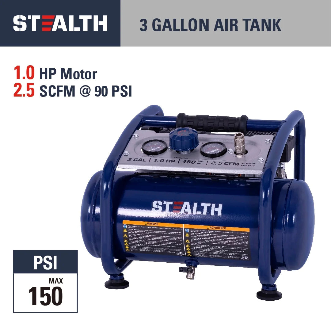 Stealth Ultra Quiet 3 Gallon 150 PSI Portable Electric Oil-Free Air Compressor, Professional Series