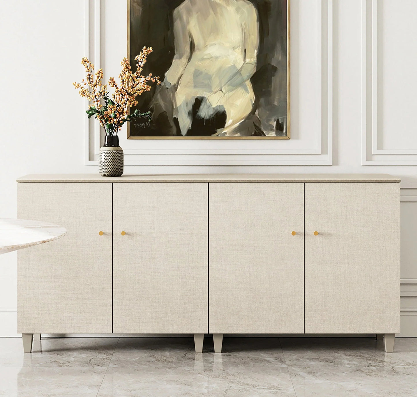 Sideboard Buffet Server Cabinets with Doors, 70.8" Kitchen Wood Coffee Bar Table, 2 -In-1 Storage Cabinets with 6 Compartments for Dining Room, Living Room, Entryway, Beige Faux Linen Textured Finish