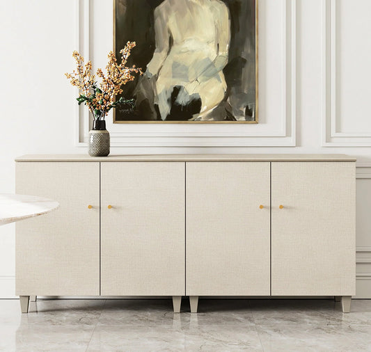 Sideboard Buffet Server Cabinets with Doors, 70.8" Kitchen Wood Coffee Bar Table, 2 -In-1 Storage Cabinets with 6 Compartments for Dining Room, Living Room, Entryway, Beige Faux Linen Textured Finish