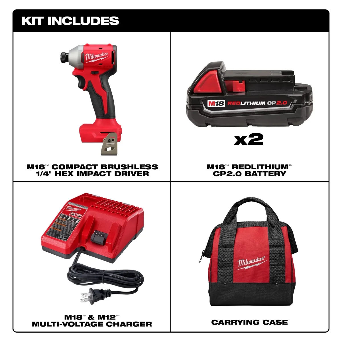 Milwaukee 3650 18V Impact Driver 1/4 in Hex Drive Battery Included 1700 in-lb, 3600 RPM, 2 Piece