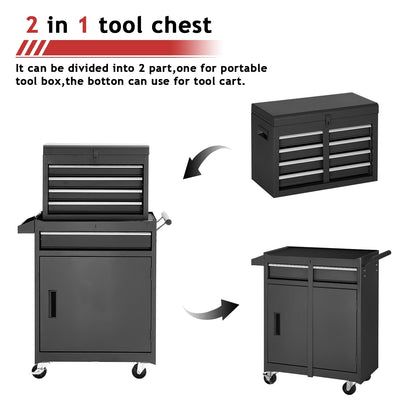 NETAJE Metal Tool Chest, 2 in 1 Steel Rolling Tool Box & Cabinet On Wheels for Garage, Detachable Top Tool Box and Lockable Wheels Metal Tool Cart for Garage, 5-Drawer, Black