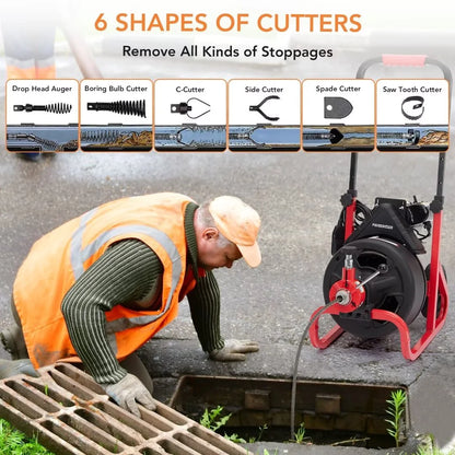 Drain Cleaner Machine, 100 Ft X 3/8 Inch Electric Drain Snake with 6 Cutters, Electric Drain Clog Remover Plumbing Tool for 2-4" Pipes