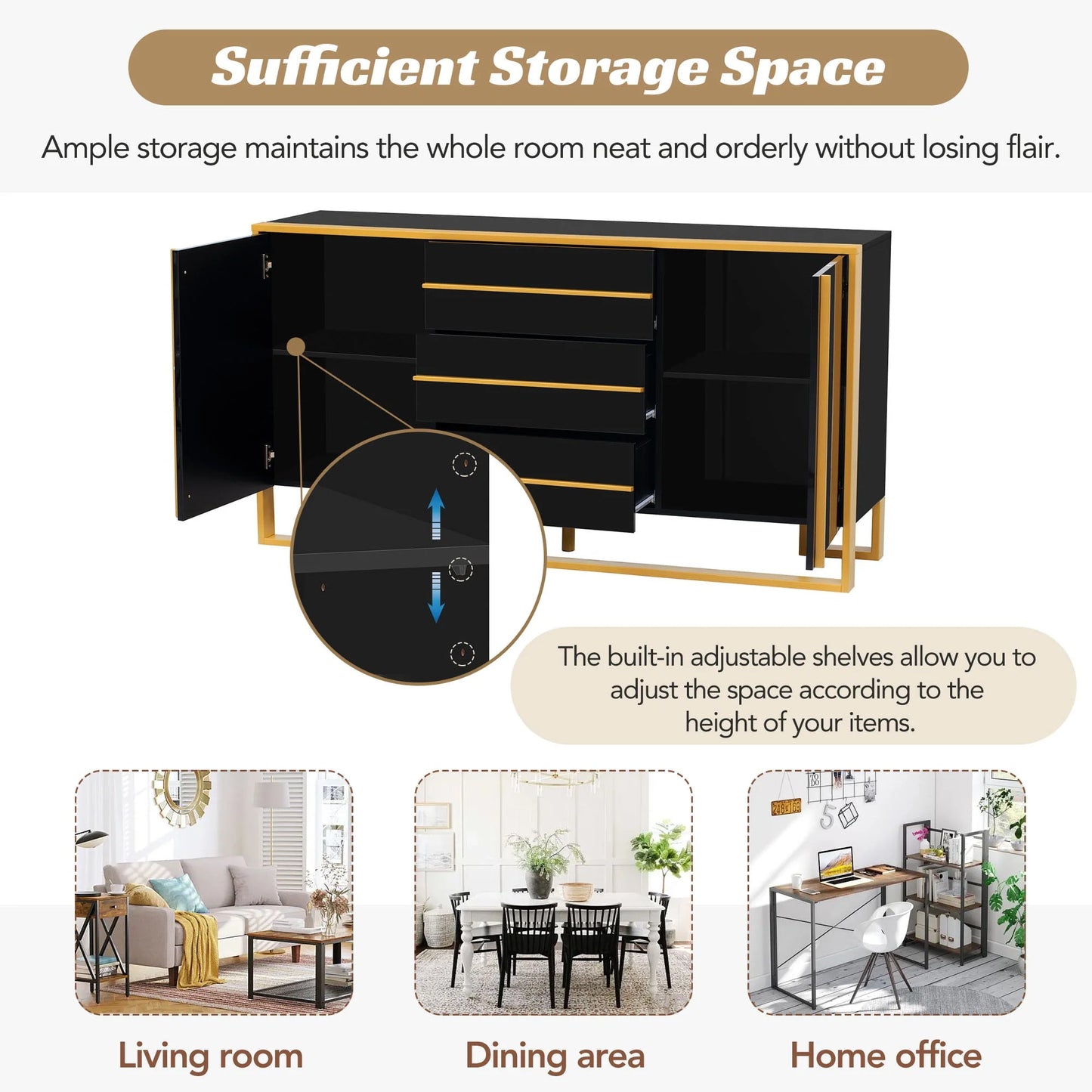Storage Cabinet, Farmhouse Buffet Sideboard, Buffet Cabinet, Storage Cabinet with 4 Rattan Doors and Adjustable Shelves, Heavy Duty Cabinet Furniture for Living Room Kitchen Dining Room, White