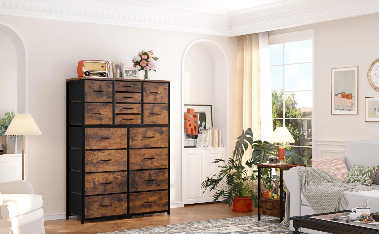 EnHomee Large Dresser for Bedroom Furniture Dresser with 16 Drawers Fabric Tall Dresser Closet Dresser Chest of Drawers Clothes Storage Slim for Living Room Office, Rustic Brown Wood Grain Print