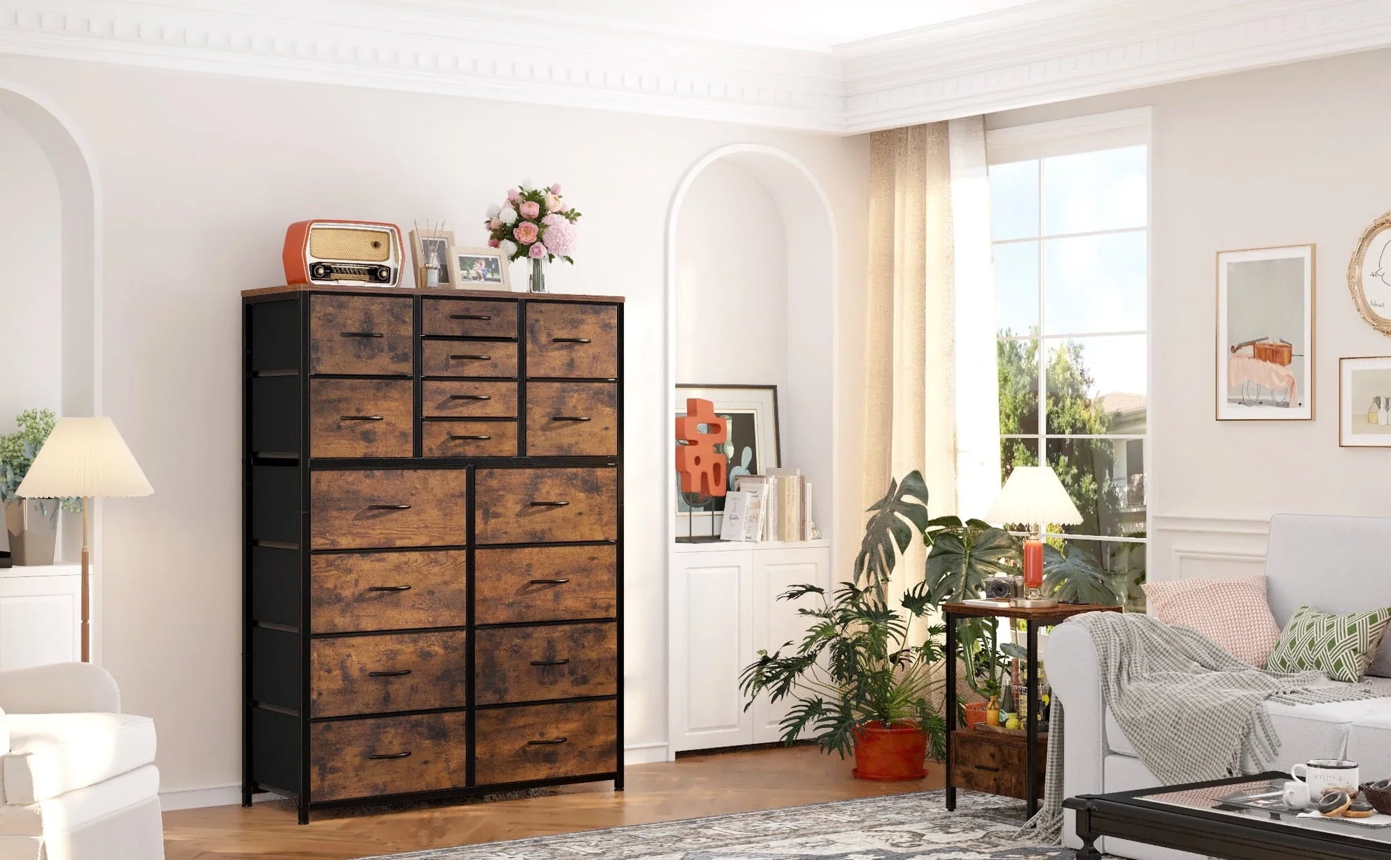 EnHomee Large Dresser for Bedroom Furniture Dresser with 16 Drawers Fabric Tall Dresser Closet Dresser Chest of Drawers Clothes Storage Slim for Living Room Office, Rustic Brown Wood Grain Print
