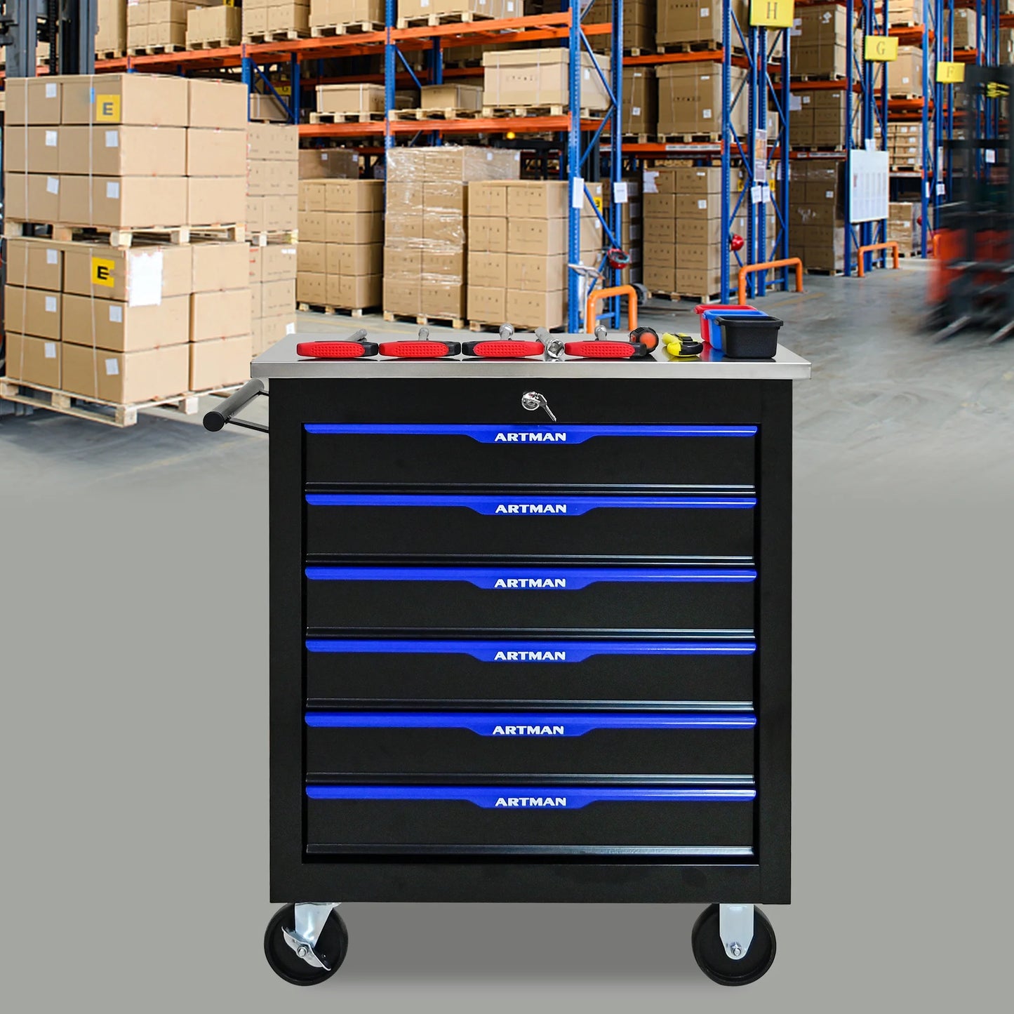 Tool Chest, 6-Drawer Rolling Tool Storage Cabinet with Wheels, Detachable Lockable Tool Box, Metal Tool Cart for Garage Workshop, Black Blue