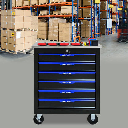 Tool Chest, 6-Drawer Rolling Tool Storage Cabinet with Wheels, Detachable Lockable Tool Box, Metal Tool Cart for Garage Workshop, Black Blue