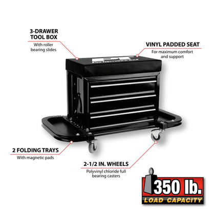 Performance Tool W85025 3-Drawer Rolling Tool Chest Seat with Magnetic Side Trays, 350 Lbs. Capacity, Rear Tray, Black