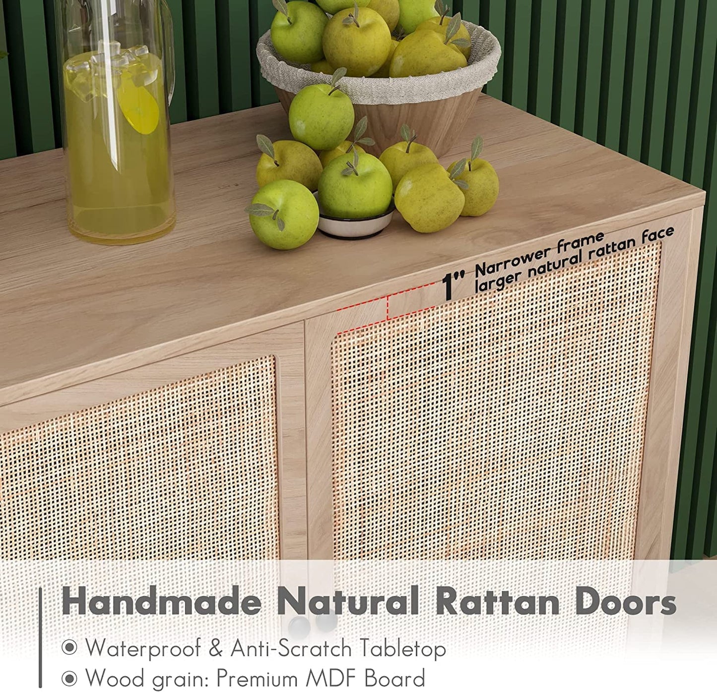 Buffet Sideboard Cabinets with Handmade Natural Rectangle Rattan Doors Set of 2, Accent Oak Color Entryway Chest Console Table with Storage Cabinet for Dining Room, Living Room, Kitchen