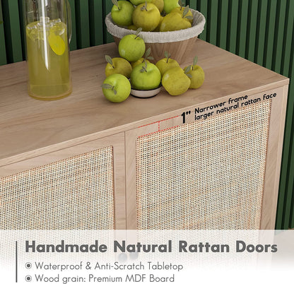 Buffet Sideboard Cabinets with Handmade Natural Rectangle Rattan Doors Set of 2, Accent Oak Color Entryway Chest Console Table with Storage Cabinet for Dining Room, Living Room, Kitchen