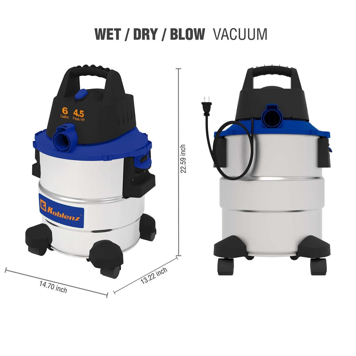 Koblenz 6-Gal. Portable Wet/Dry Vacuum with Blower, Stainless Steel and Blue, WD-6 L212 SS