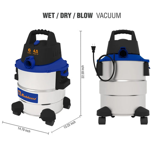 Koblenz 6-Gal. Portable Wet/Dry Vacuum with Blower, Stainless Steel and Blue, WD-6 L212 SS
