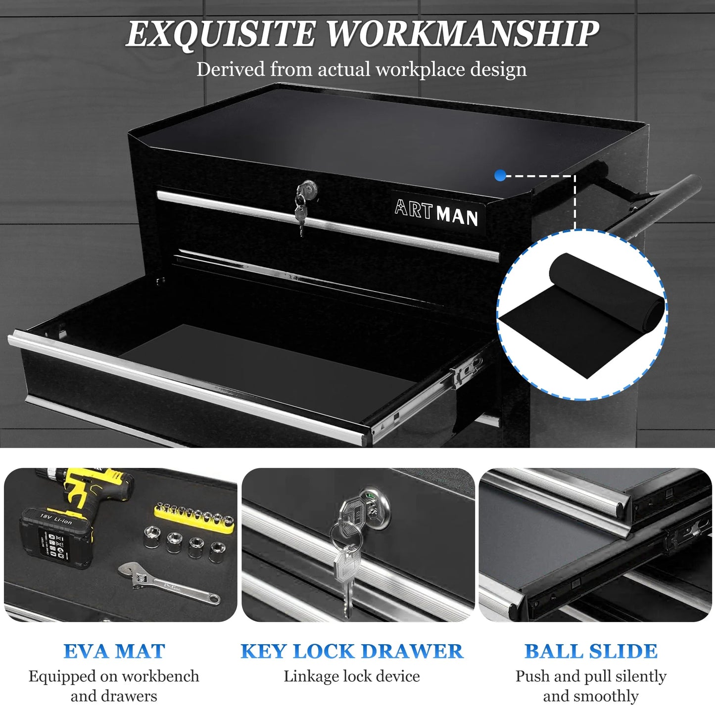 Tool Chest on Wheels, 5-Drawer Rolling Tool Box with Workbench Top, Multifunctional Tool Storage Organizer for Garage, Warehouse, Workshop